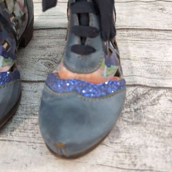 Rovers Floral Leather Lace-Up Ankle Boots Blue Multicolor Boho – US Women’s 10 - Picture 2 of 10